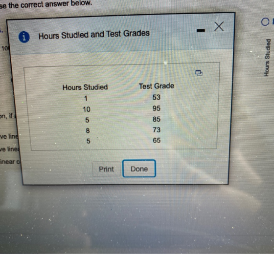 se the correct answer below. Hours Studied and Test Grades 10 Hours Studied Hours Studied 1 10 5 8 Test Grade 53 95 85 73 on,