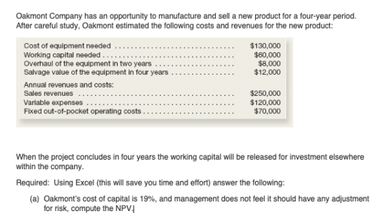 Oakmont Company has an opportunity to manufacture and sell a new product for a four-year period. After careful study, Oakmont
