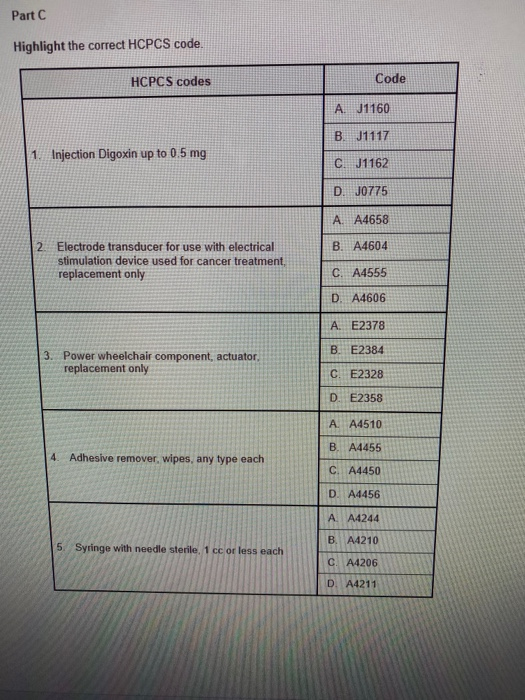 Part C Highlight the correct HCPCS code. HCPCS codes Code 01160 B. J1117 1. Injection Digoxin up to 0.5 mg C. J1162 D. J0775