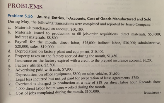 PROBLEMS Problem 5.26 Journal Entries, T-Accounts, Cost of Goods Manufactured and Sold During May, the following transactions