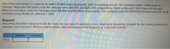 Baird Manufacturing Co. expects to make 31,300 chairs during the 2017 accounting period. The company made 3,500 chairs in Jan