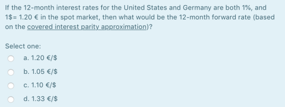 If the 12-month interest rates for the United States and Germany are both 1%, and 1$= 1.20 € in the spot market, then what wo