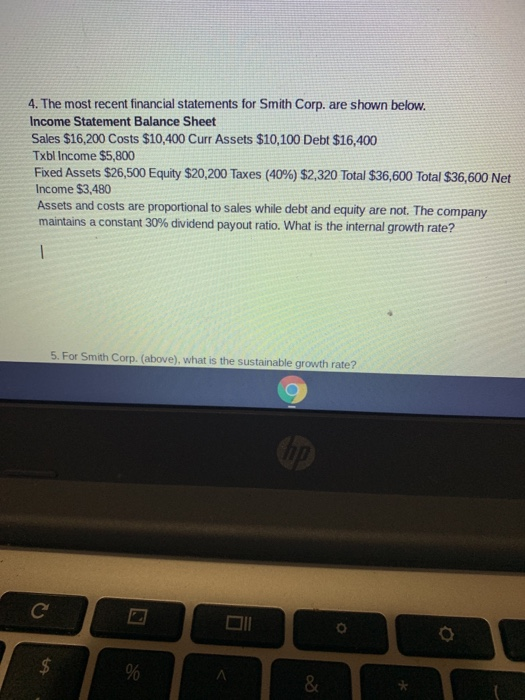 4. The most recent financial statements for Smith Corp. are shown below. Income Statement Balance Sheet Sales $16,200 Costs $