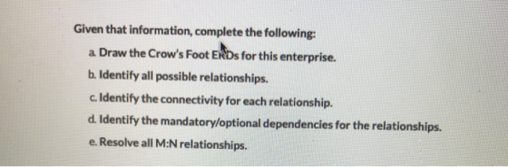 Given that information, complete the following: a. Draw the Crows Foot EKDs for this enterprise. b. Identify all possible re