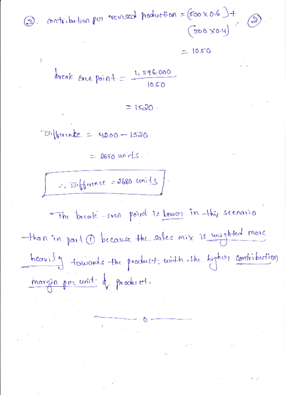 ☺ contribution por revised production = (500x0.6)+ (70o yo.nl - 1050 1,596.000 break Even point = ? 1050 * 1520 Differente. =