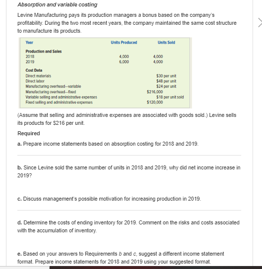 Absorption and variable costing Levine Manufacturing pays its production managers a bonus based on the companys profitabilit