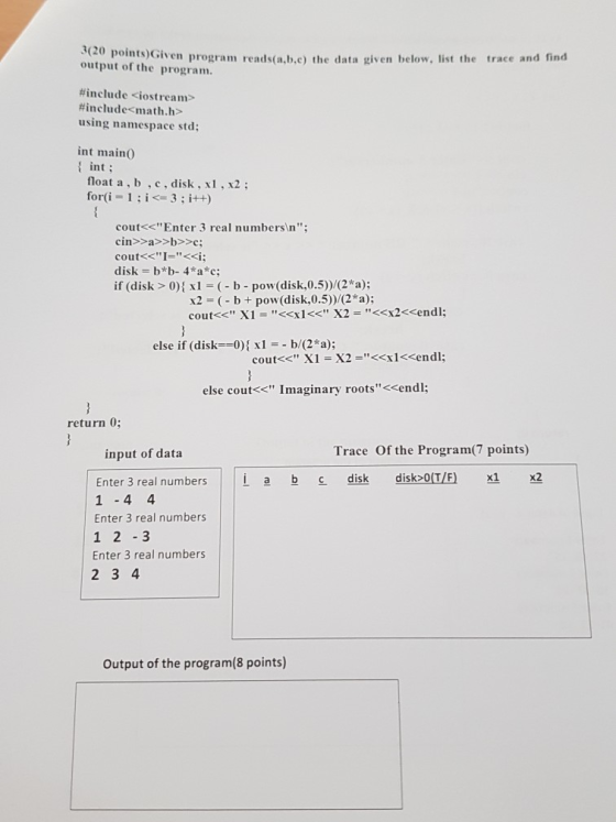 3(20 points)Given program reads(a.b.e) the data given below, list the output of the program. trace and find #include <iostrea