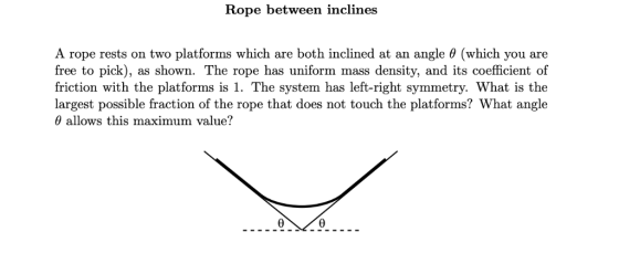 Rope between inclines A rope rests on two platforms which are both inclined at an angle θ (which you are free to pick), as sh