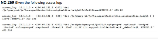 NO.269 Given the following access log: access_log: 10.1.1.3 - -[66.66.132.6 -100] Get /js/query-ui/js/?a aspectRatio: this o