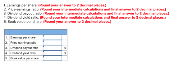 1. Earnings per share. (Round your answer to 2 decimal places.) 2. Price-earnings ratio. (Round your intermediate calculation