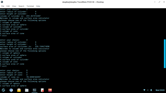 deepika@deepika-TravelMate-P243-M: /Desktop File Edit View Search Terminal Help enter your choice: enter radius of cylinder e