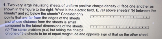 I. Two very large insulating sheets of uniform positive charge density ơ face one another as shown in the figure to the right. What is the electric field, E, (a) above sheets? (b) between the sheets? and (c) below the sheets? Consider only points that are far from the edges of the sheets and whose distance from the sheets is small compared to the lateral dimensions of the sheets.44ttt (d) The same problem (a-c) but taking the charge on one of the sheets to be of equal magnitude and opposite sign of that on the other sheet.