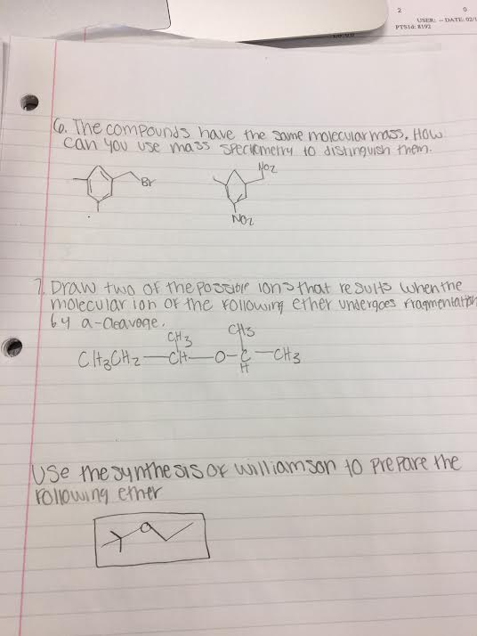 Co The compounds have the smine or mass, How Can you use mass trecikmeny to distinguish mem Nov molecular ion ofthe following ether Umsergoes mamaniam t y a-aeavege -CH3 se metynmeusot wil om on 10 Pre For me