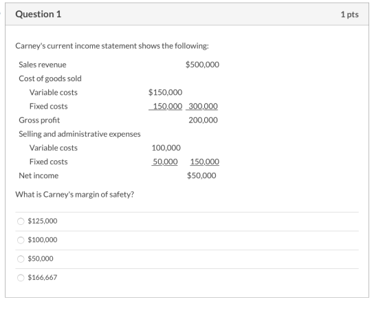 Question 1 1 pts Carneys current income statement shows the following: $500,000 Sales revenue Cost of goods sold Variable co