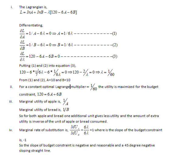 i. The Lagrangian is, L- InA+InB - [120- 64-6B] Differentiating, OL CA aL OB =120-64-6B-0 (3) Putting (1) and (2) into equati