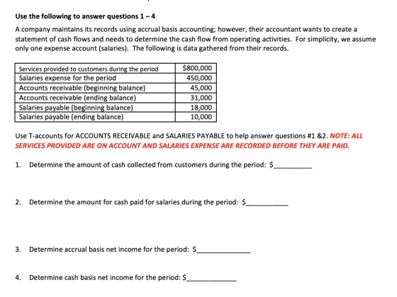 Use the following to answer questions 1 - 4 A company maintains its records using accrual basis accounting; however, their ac