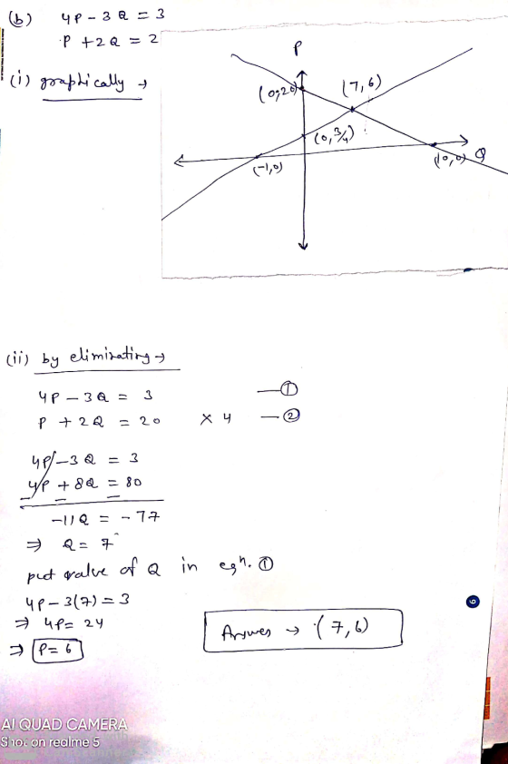 (6) 4p - 3Q = 3 :p +2 Q = 2 P (i) graphically (0,2014 17,6) (9,01 (ii) by eliminating 4p - 3Q - 3 ob P + 2Q - 20 ху 48-3Q = 3