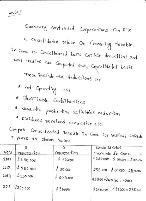 AnSER Common lu Contsolled Cospovalions Can le omputin ให Conne On Consolidated bust s Cevľa.n deductons and Most exedts ae Compujed ond da-led basts s eOpe sa-lina loss x Dividends ซe ce? ved deduction et e. Com pute Con So I dated 1axadle In Come Cor vesfous calend years as shown be tou. Con solid ated Taxa ble Tn Come 0 Veas 2012 2 50.000 2013 2S0.000 2014 250.ooD 20LS 250.000 ponafonCos poda 1ton 0:000 30.000 24.0o0 85000 250 000 30.00o26 0.ooD 8.500 24 10000 $ 950.000- 85000 335,00