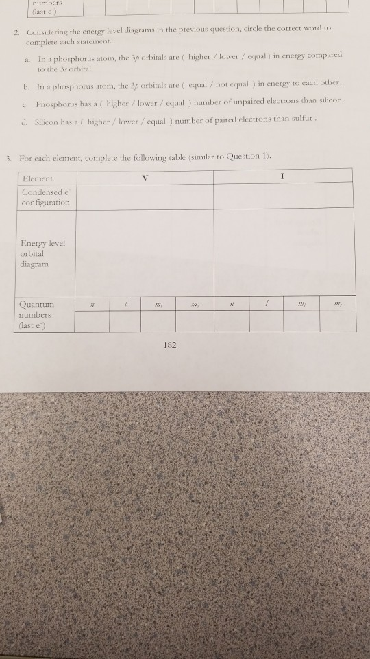 numbers (last e) 2 Considering the energy level diagrams in the previous question, circle the correct word to complete each s