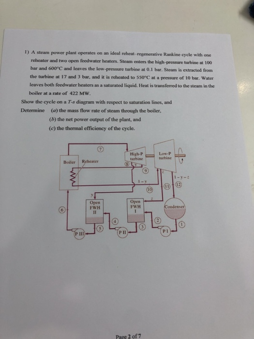 1) A steam power plant operates on an ideal reheat regenerative Rankine cycle with one reheater and two open feedwater heater