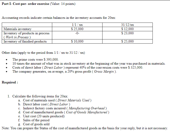 Part I- Cost-per-order exercise (Value: 14 points) Accounting records indicate certain balances in the inventory accounts for