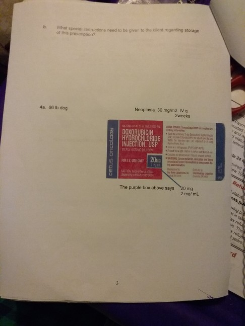 What special instructions not be given to the chant regarding storage of this prescription? 4a. 66 lb dog Neoplasia 30 mg/m2