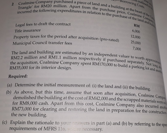ls outlined LU-Borrowing Costs mpany purchased a piece of land and a buildin Triang d the following expenditures in relation