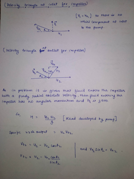 (Velocity triangle at inlet for impeller) [1, = Vn ] as there is no whirl component at inlet to the pump. ---- ( velocity tri