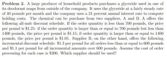 Problem 2. A large producer of household products purchases a glyceride used in one of its deodorant soaps from outside of th