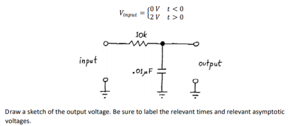 input 12V t>0 ok input output Draw a sketch of the output voltage. Be sure to label the relevant times and relevant asymptotic voltages