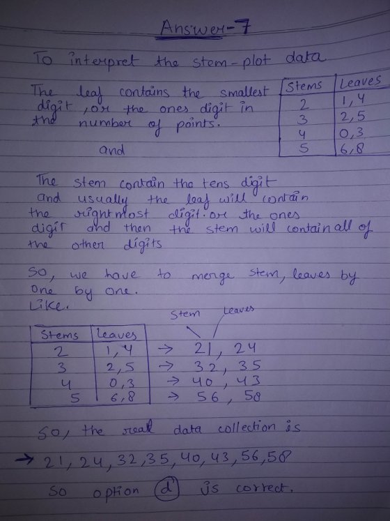 Answer-1 - data terepre上-the-stom-plat Smallest Stems Leaves at in The lea 2,5 points and ihe stena contain tha tens diit and usuall the ht and then the Stern..will (ontain all c e othen digits 9o we have to AICLA Sterns |Leaver Stemteaves sor the sat data collection is o pion d ús correct