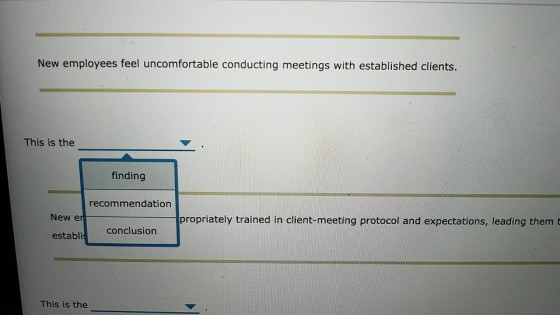 New employees feel uncomfortable conducting meetings with established clients. This is the finding recommendation New er propriately trained in client-meeting protocol and expectations, leading them t establi conclusion This is the