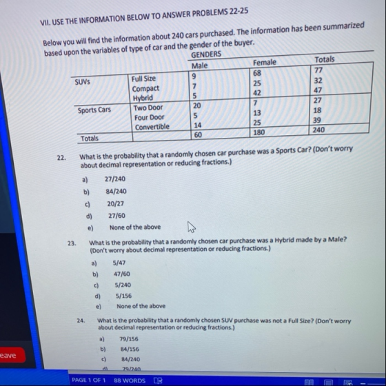 VII. USE THE INFORMATION BELOW TO ANSWER PROBLEMS 22-25 Below you will find the information about 240 cars purchased. The inf