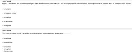 QUESTION 3 Suppose a microbe has died and lysed, exposing its DNA to the environment. Some of this DNA was taken up by anothe
