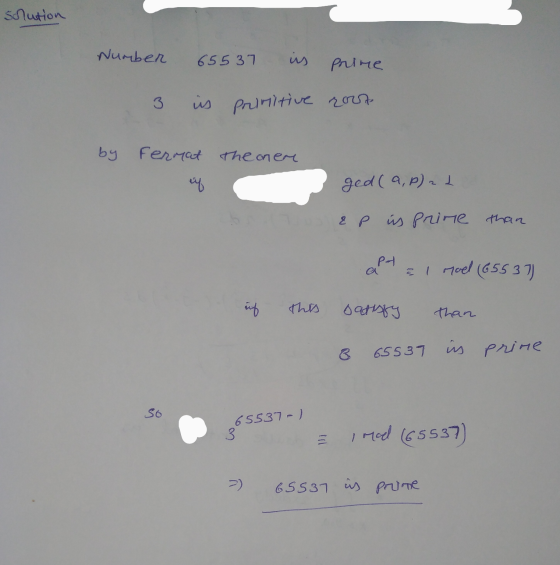 scrution Number 65537 ins prine 3 us primitive root by Fermat thener ef ged(a, p) 2 2 E p us Prime than pa a el moel (65537)