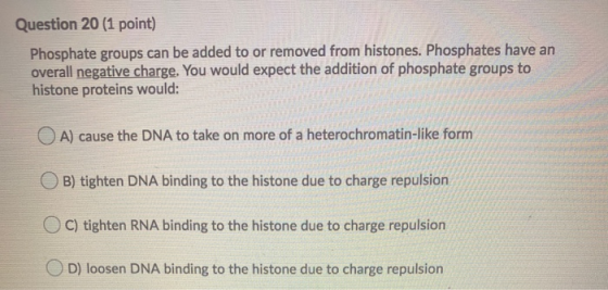 Question 20 (1 point) Phosphate groups can be added to or removed from histones. Phosphates have an overall negative charge.
