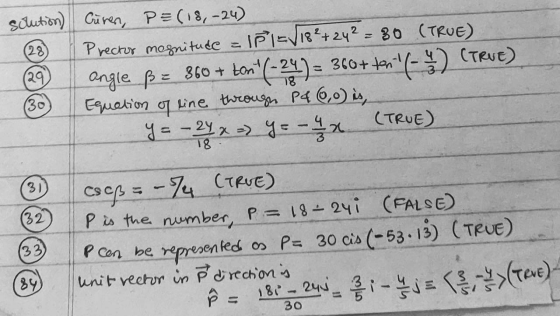 solution) Curen, P=(18-24) Prector magnitude = 18 12/18²+24² = 80 (TRUE) ton (-24 ) = angle ße 360 + tont 360+ ton (TRUE) to