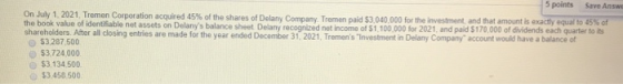 5 points Save Answe On July 1, 2021. Tremen Corporation acquired 45% of the shares of Delany Company Tremen paid $3,040,000 f