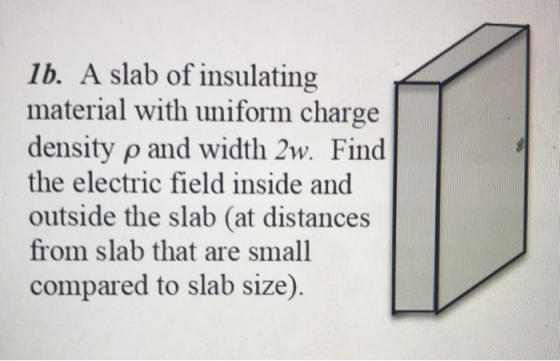 lb. A slab of insulating material with uniform charge density ρ and width 2W. Find the electric field inside and outside the slab (at distances from slab that are small compared to slab size)