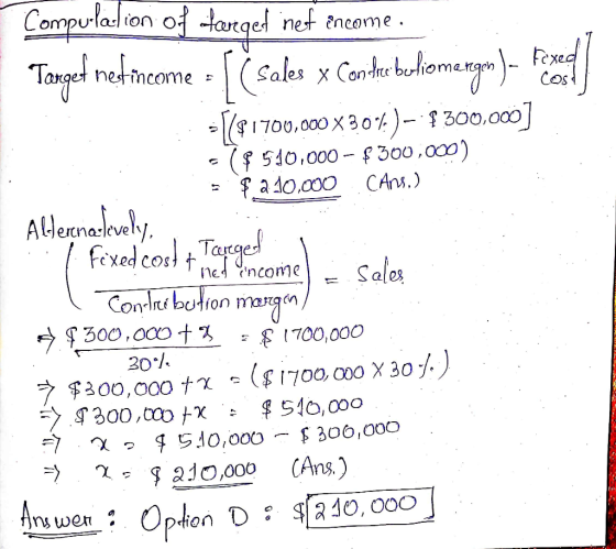 Compulation of farged net encome. Tanget nef income -(Sales Condor buliomergen) - recepten ($1700,000 X 30%)- $300,000] -($