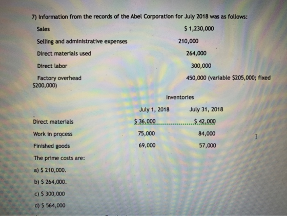 7) Information from the records of the Abel Corporation for July 2018 was as follows: Sales $ 1,230,000 Selling and administr