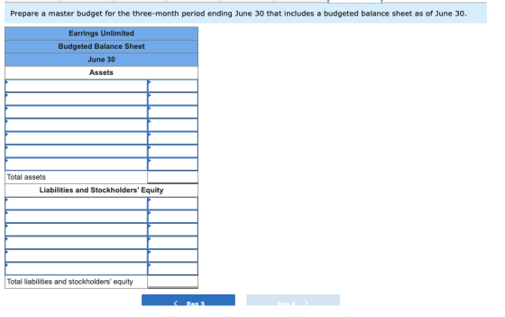 Prepare a master budget for the three-month period ending June 30 that includes a budgeted balance sheet as of June 30. Earri