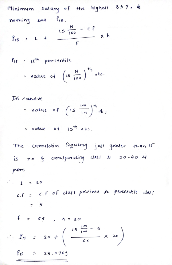 Minimum salary of the highest 85% es nothing but Ps. is do -Cf Pis : L + Pis = 15th percentile Evalue of (is more) obs. th I