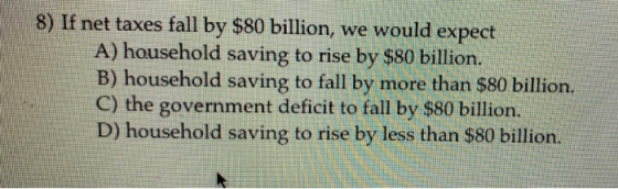 8) If net taxes fall by $80 billion, we would expect A) household saving to rise by $80 billion. B) household saving to fall
