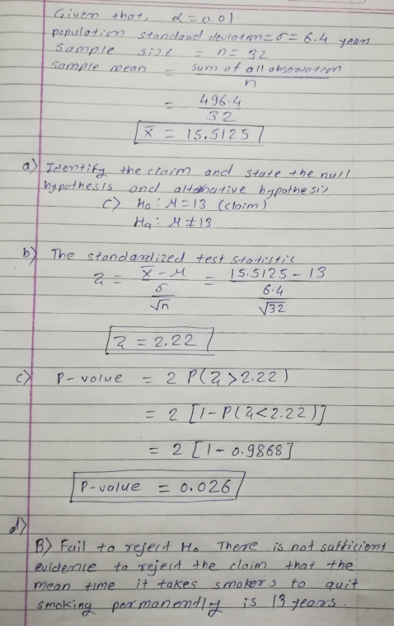 SamplemeanSumm al absevern 4,96-4 3 2 X 15.5125 | Teientíf the claim and state the null hypothesis and -alternative-hチpothesi