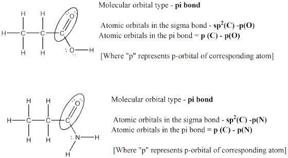 Molecular orbital type pi bond I I Atomic orbitals in the sigma bond- spr(C)-p(o) Atomic orbitals in the pi bond p (C) p(O) Where p represents p-orbital of corresponding atom] Molecular orbital type - pi bond Atomic orbitals in the sigma bond-sp(C) -p(N) Atomic orbitals in the pi bond-p (C) p(N) H H NH Where p represents p-orbital of corresponding atom]