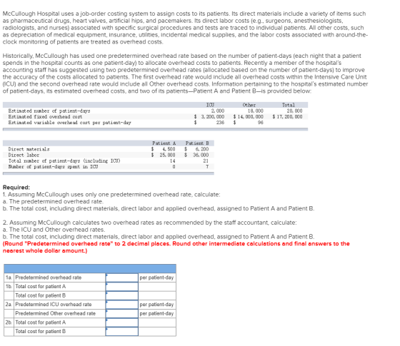 McCullough Hospital uses a job-order costing system to assign costs to its patients. Its direct materials include a variety o