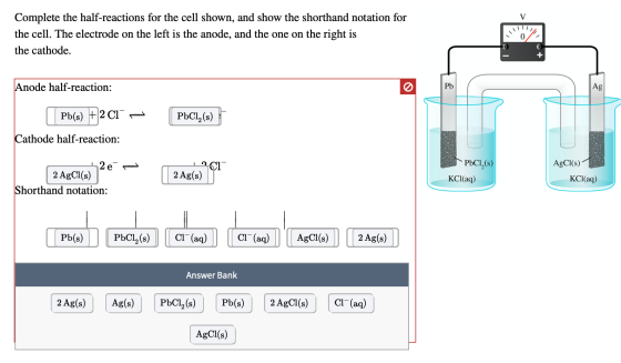 II Complete the half-reactions for the cell shown, and show the shorthand notation for the cell. The electrode on the left is