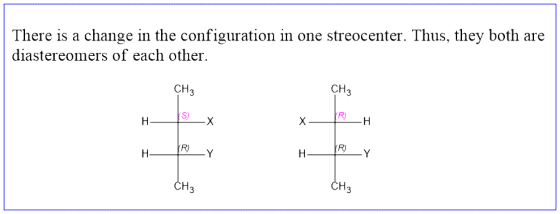 There is a change in the configuration in one streocenter. Thus, they both are diastereomers of each other. CH3 H SX X_ R_H #