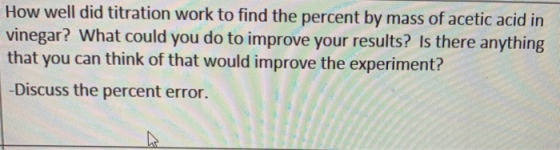 How well did titration work to find the percent by mass of acetic acid in vinegar? What could you do to improve your results?